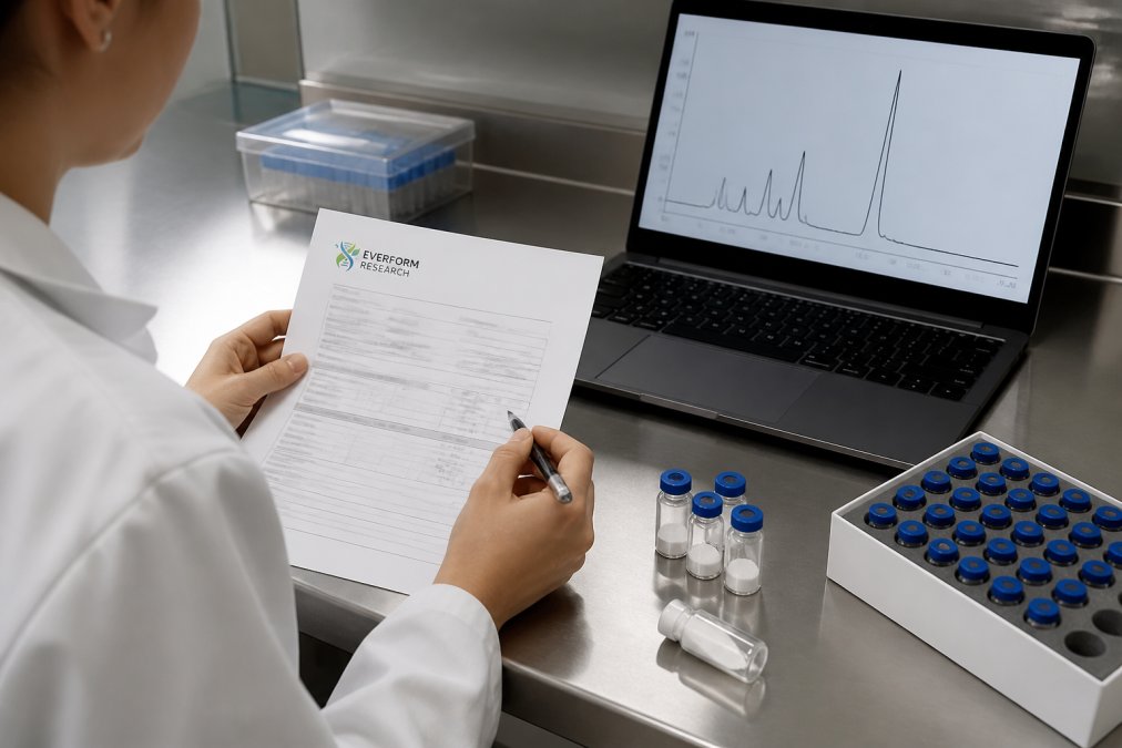 A researcher in a white lab coat examining a Certificate of Analysis document next to a laptop displaying HPLC chromatogram data, with vials of lyophilized peptide powder on a clean stainless steel bench