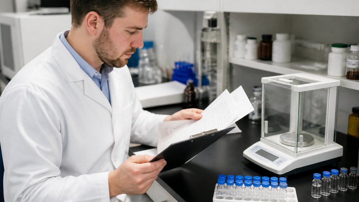 A researcher in a white lab coat reviewing printed supplier documents at a laboratory bench, clipboard in hand, vial rack and analytical balance visible under bright overhead lighting