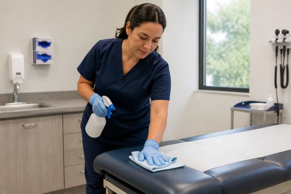 Préposée désinfectant une table d'examen selon le protocole hygiène dans un cabinet médical propre.