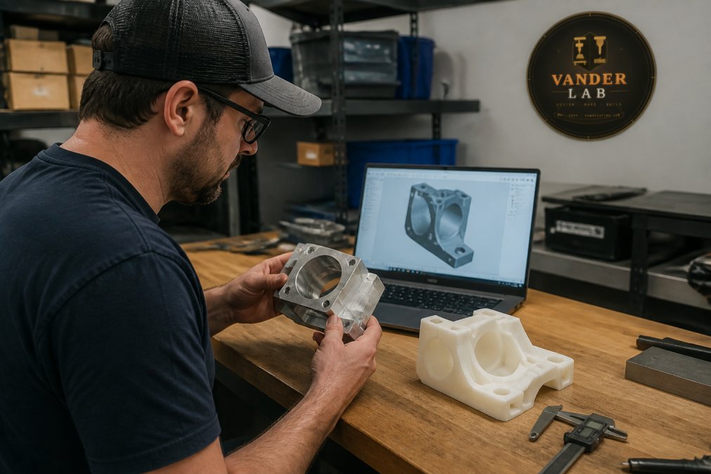 Close-up of a mechanical engineer reviewing a machined aluminum prototype and a 3D printed part on a workbench in a small fabrication lab, with a laptop showing CAD software in the background