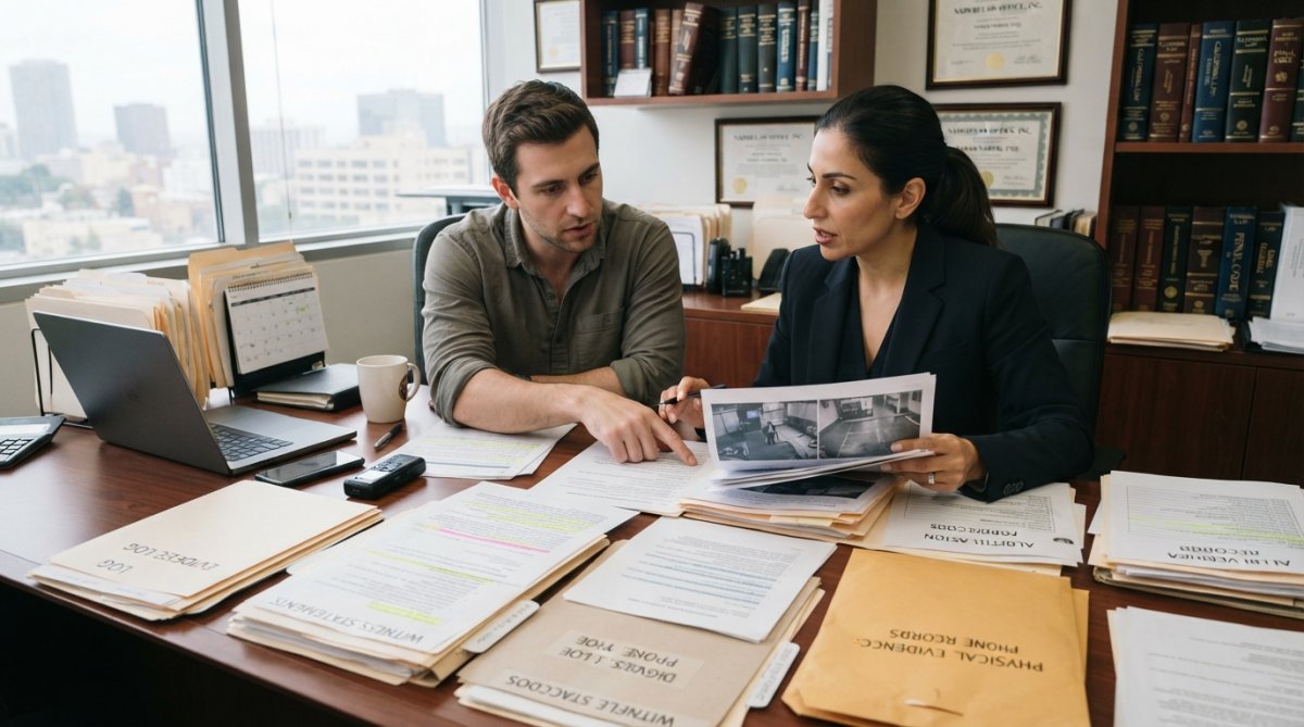 Professional attorney reviewing digital evidence on computer screen with client in law office, documents and case files spread across desk with natural window lighting
