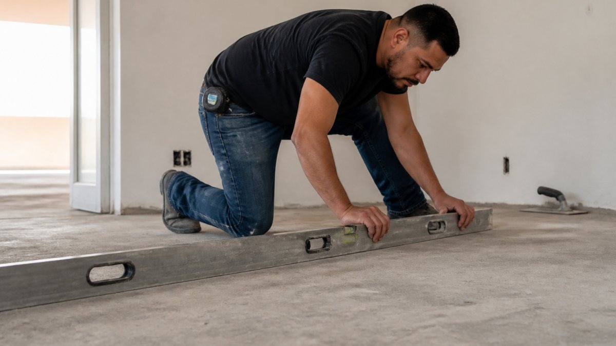 Professional installer carefully leveling a concrete floor using precision tools and measuring equipment before laying new flooring material in bright workshop setting