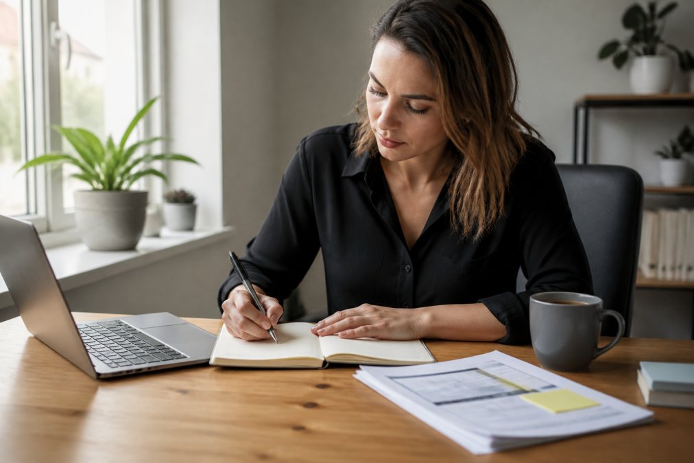 A focused professional writing goals in a notebook at a clean desk with a laptop, coffee, and a printed action plan nearby, natural window light