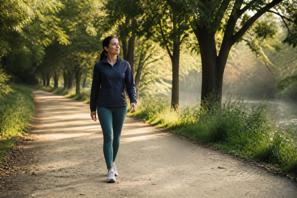 A person in comfortable clothing doing a gentle morning walk along a tree-lined path in a peaceful green park, soft early morning natural light, calm and relaxed expression