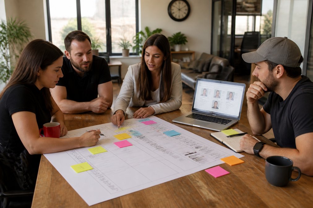 A marketing team gathered around a table with a printed client acquisition plan template, sticky notes, and a laptop showing audience research, in a bright modern office
