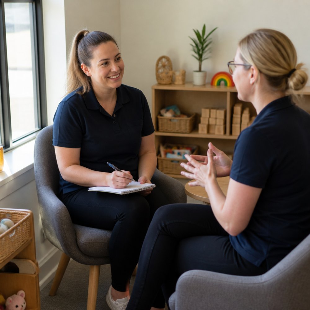Two early learning educators having a one-on-one conversation in a quiet corner of a childcare center, with one person taking notes while the other speaks, natural window lighting