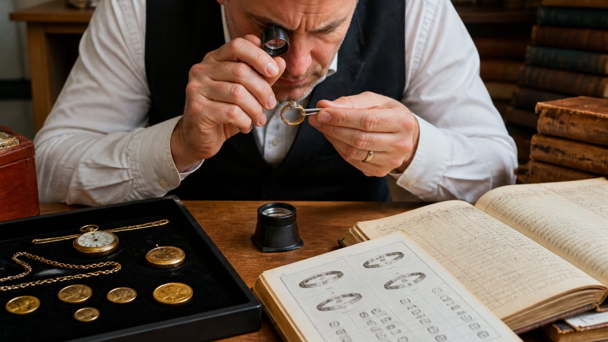 Jeweler comparing an antique gold ring’s hallmarks against historical provenance records on a desk