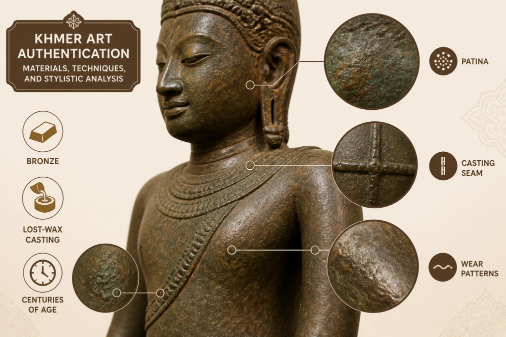 Primer plano de una antigua escultura de bronce jemer que muestra pátina superficial, costuras de fundición y patrones de desgaste que indican siglos de exposición, con iluminación natural que revela detalles de textura