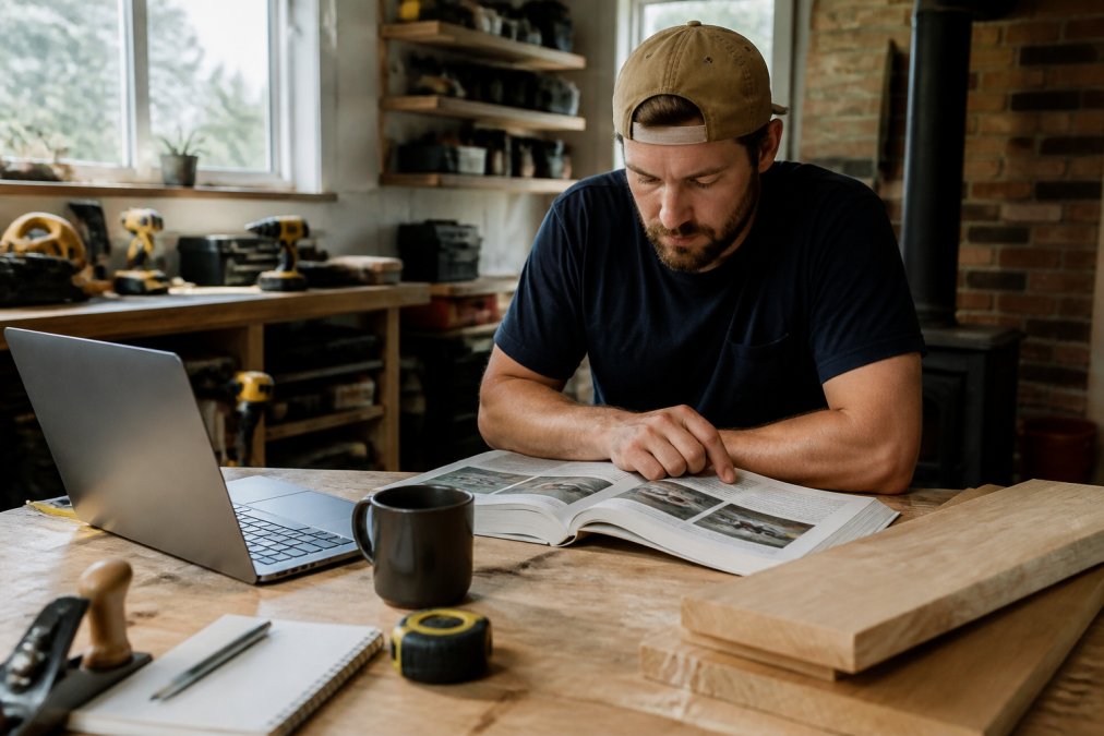 A tradesperson studying for their red seal certification exam using a laptop and notes at a workshop table.