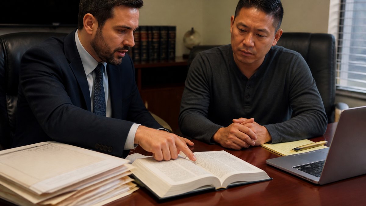 Attorney and client reviewing legal statutes to define a pattern of criminal gang activity at a desk