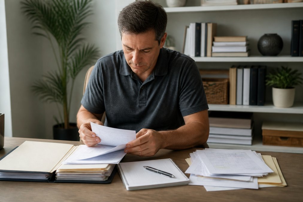 Homeowner sitting at desk organizing insurance documents, emails, and claim correspondence in folders, with a notebook and pen visible, natural office lighting