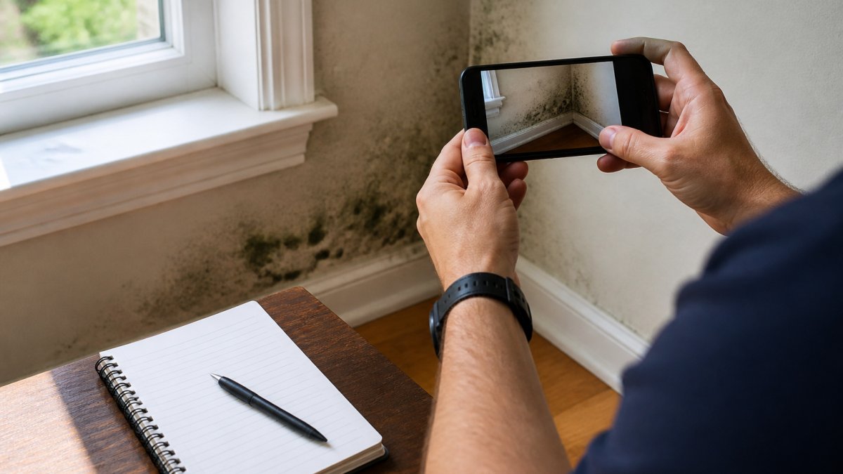 Professional hands holding a smartphone photographing visible mold growth on a residential wall, with a notebook and pen for documentation visible on a table nearby in natural daylight