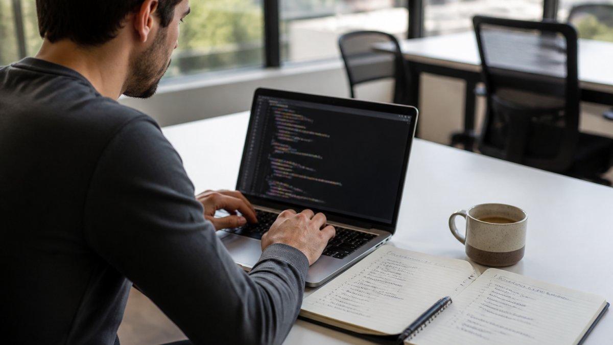 Professional data scientist working at laptop with Python code visible on screen, notebook with data cleaning notes, coffee cup on desk, modern well-lit office environment
