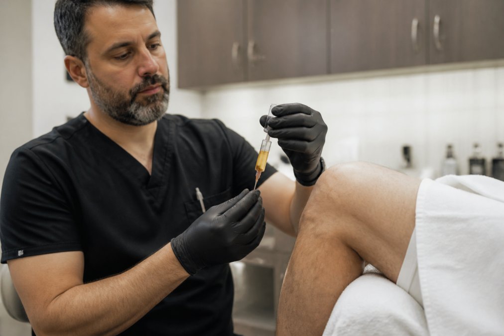 Physician in clinical setting preparing platelet-rich plasma injection, holding syringe with concentrated solution above patient's knee joint, sterile technique visible with bright overhead lighting