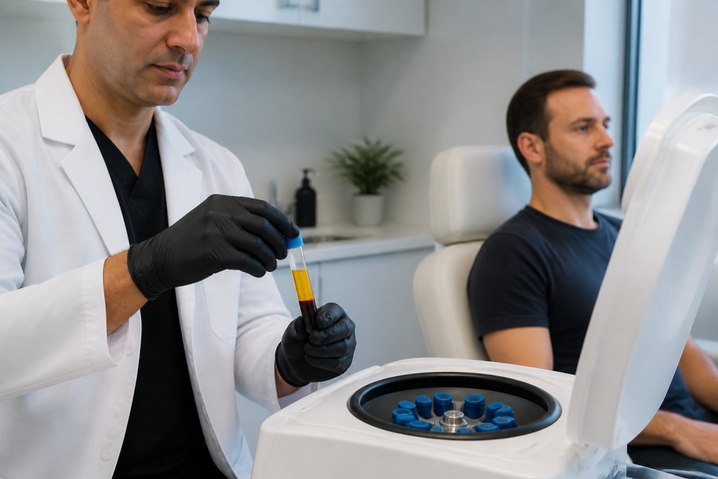 A physician in a modern clinic preparing a PRP tube for centrifugation, with a patient seated in the background, showing a clean, professional medical setting