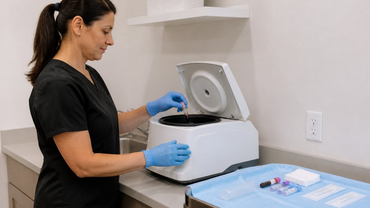 A healthcare provider in a clean, well-lit clinic room preparing a centrifuge machine for a PRP hair restoration procedure, with sterile medical supplies visible on a tray nearby