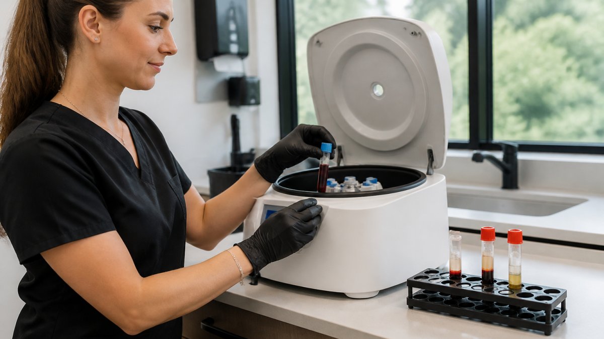 Professional demonstrating centrifuge preparation of blood sample with PRF vials in modern clinical setting with natural lighting and sterile equipment
