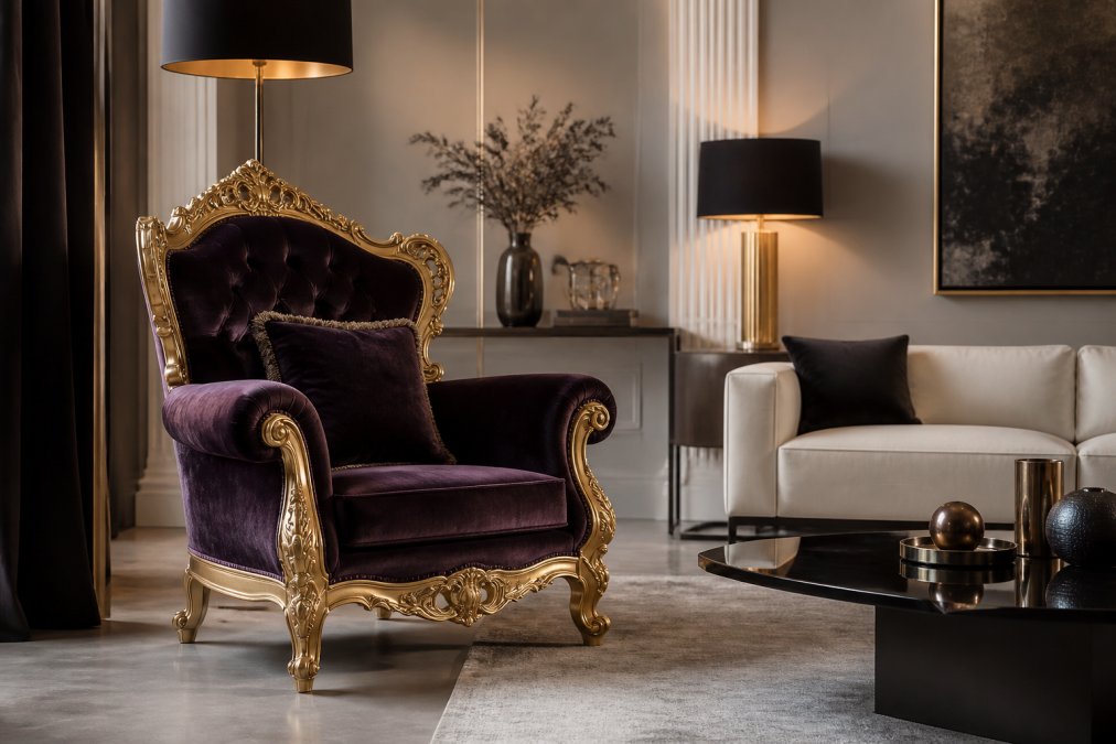 Elegantes, modernes Wohnzimmer mit einem prunkvollem Barock Sessel in Samtbezug als Fokuspunkt, umgeben von minimalistischen Möbeln, modernen Accessoires und warmer Beleuchtung