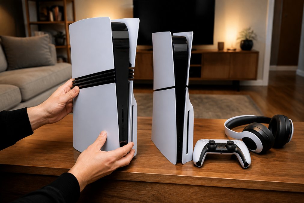 Two white gaming consoles placed side by side on a wooden entertainment unit in a cozy living room setting