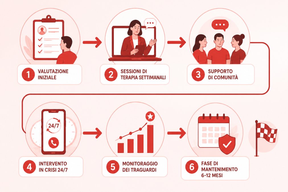 Flowchart showing personalized recovery pathway: initial assessment → weekly therapy sessions → community support → 24/7 crisis intervention → milestone tracking → maintenance phase over 6-12 months
