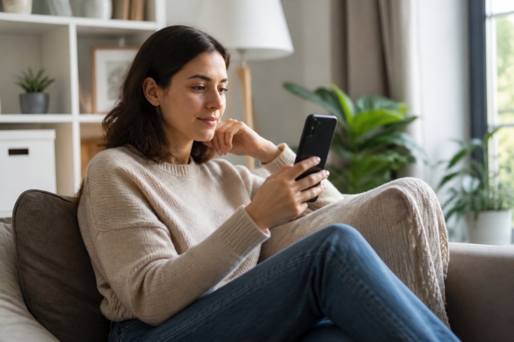 Persona adulta seduta sul divano di casa con uno smartphone in mano durante una videochiamata con uno psicoterapeuta, ambiente domestico luminoso e ordinato, espressione concentrata e serena