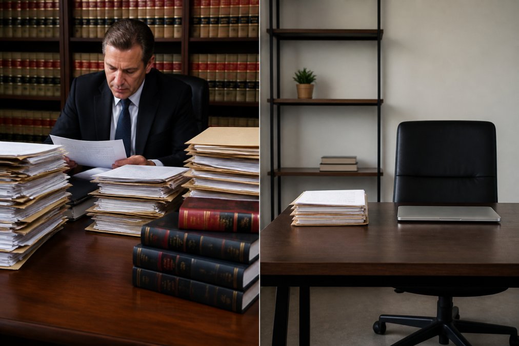 A trial attorney reviewing case files and documents at a desk in a law office, with legal books and a computer visible
