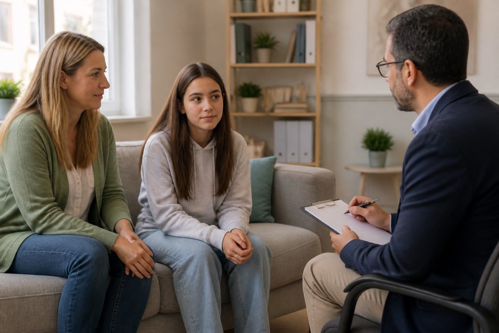 A mental health professional discusses psychiatric care adolescents with a parent and teen in a waiting room.