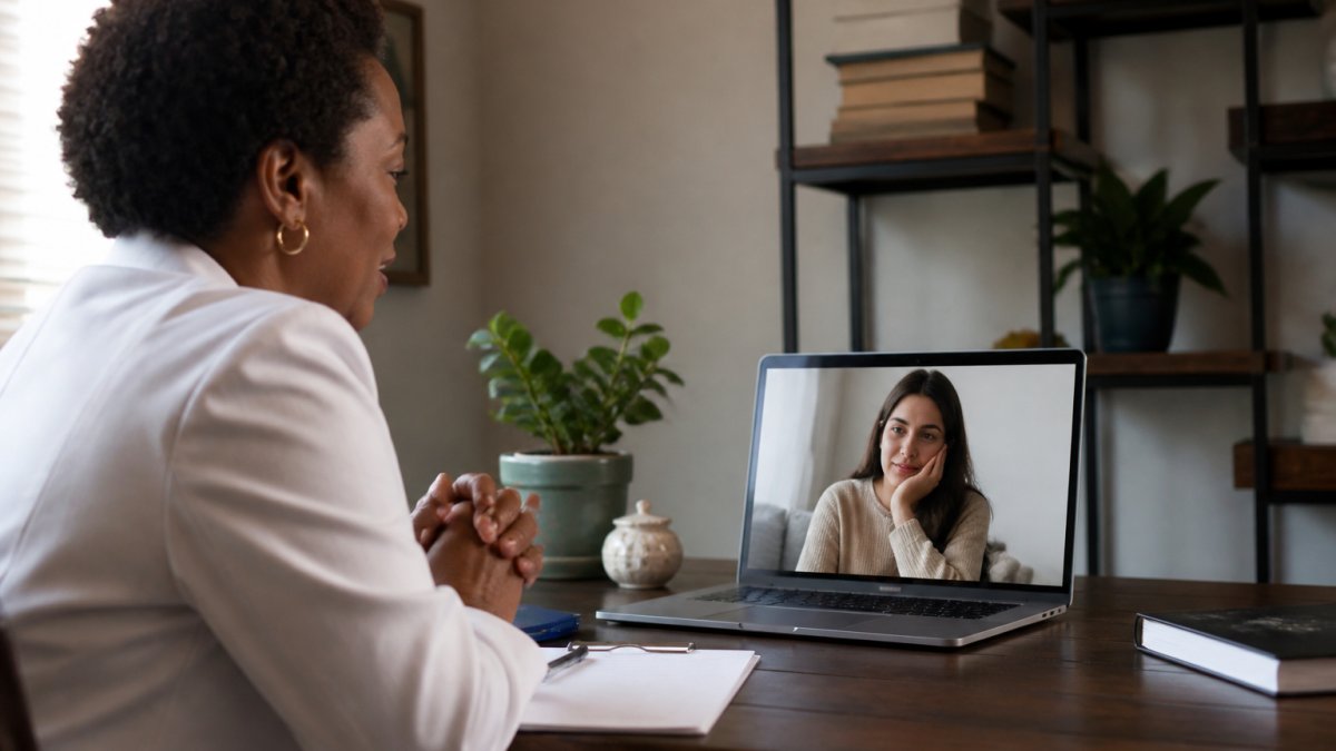 Professional psychiatrist consulting with patient via video call on laptop in calm home office with natural lighting, both appearing engaged in conversation