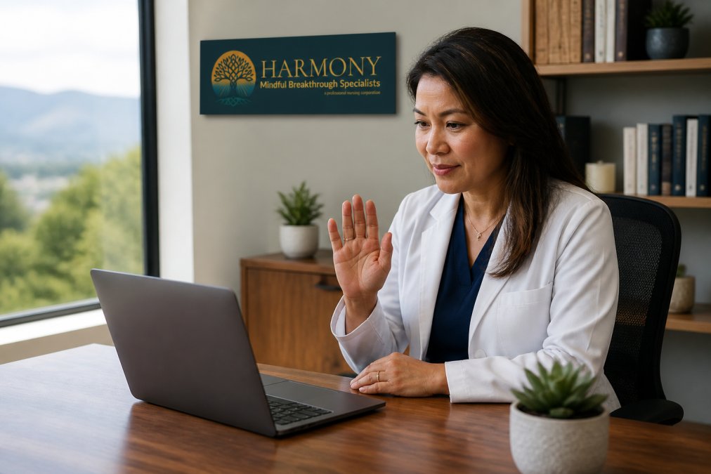 A psychiatric mental health nurse practitioner (PMHNP) greets someone with a smile and wave at the start of a telehealth conversation.