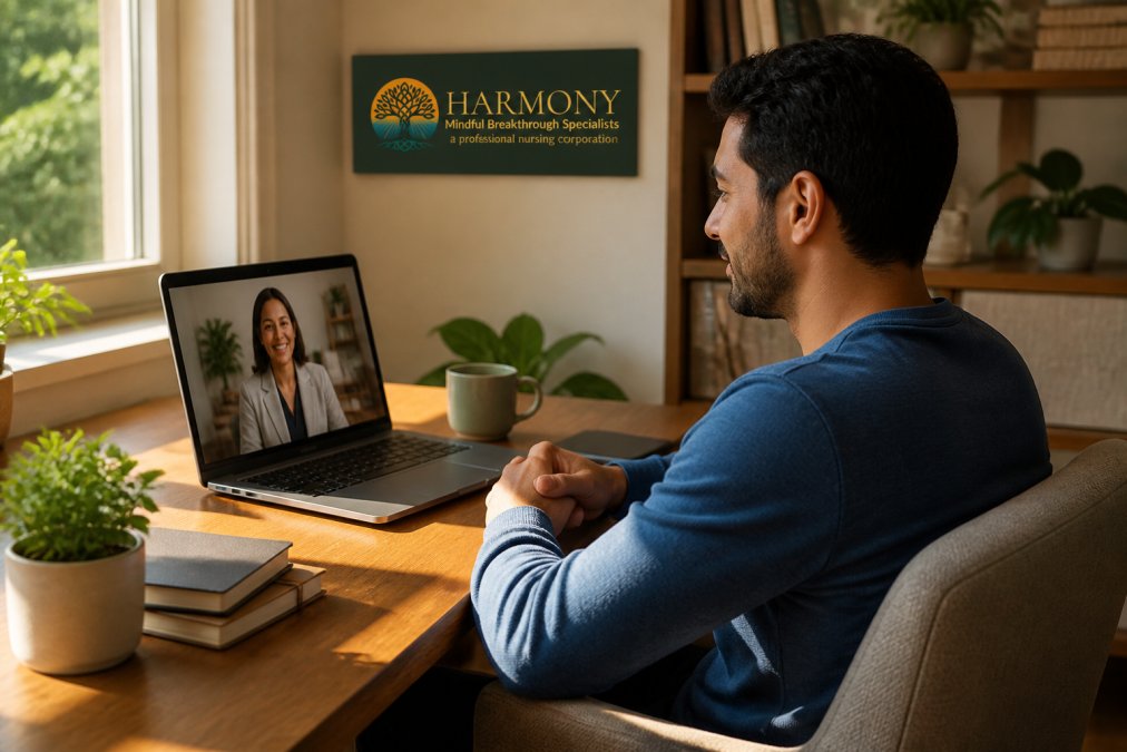 Psychiatric mental health nurse practitioner speaking with a patient during a telehealth psychiatric appointment