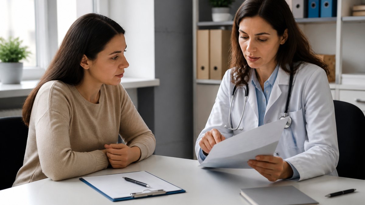 A calm clinical consultation room with a physician in a white coat reviewing a patient's lab results at a desk, warm natural light, patient seated nearby