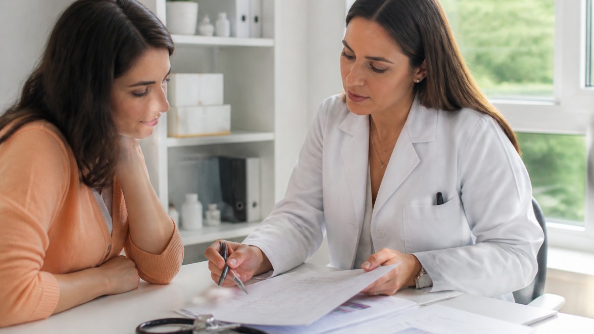 Healthcare provider in white coat reviewing patient medical charts and hormone test results in modern clinical setting with natural lighting
