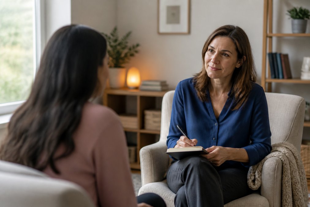 Mental health professional having a compassionate conversation with a patient to help distinguish psychiatrist vs therapist