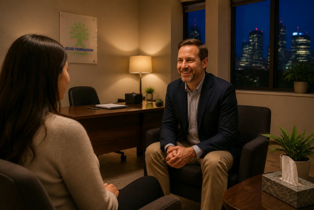 A calm, welcoming psychiatric office interior during evening hours with soft ambient lighting, comfortable upholstered seating, a professional psychiatrist in business casual attire greeting a patient warmly in a private consultation room with warm-toned walls and a desk with minimal clutter