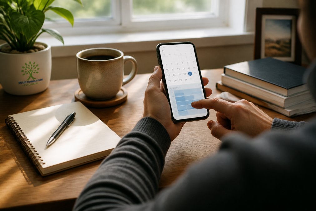 A professional's hands using a smartphone with a calendar app open, scheduling a psychiatric appointment in the evening, with a warm cup of coffee and notebook on a wooden desk in a home office setting with natural window light