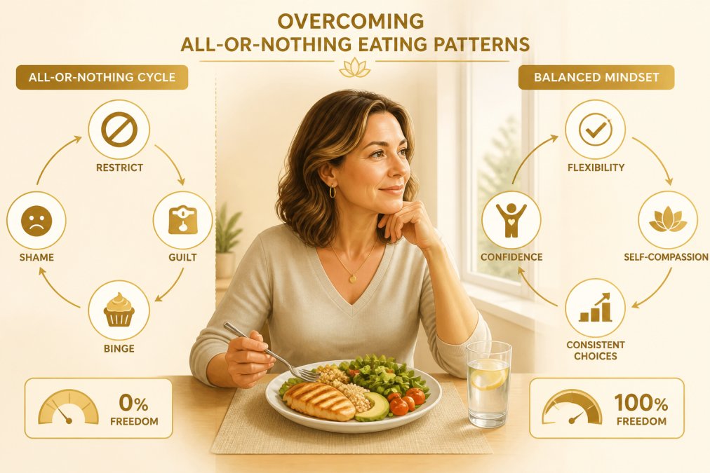 Woman sitting calmly at a table with a balanced meal, looking thoughtful and at peace, natural lighting from a window