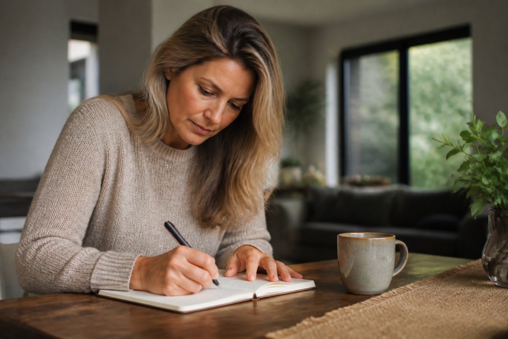 Woman writing in a journal with a warm beverage nearby, hands visible, focused and reflective expression