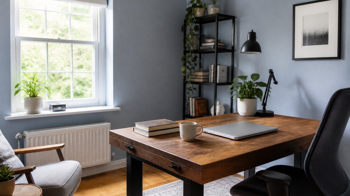 Calm home office with blue-grey walls, wooden desk, laptop, and plant in natural sunlight