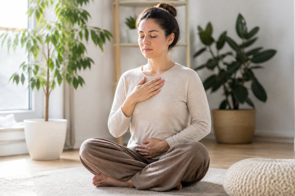 Person sitting cross-legged in a bright, naturally-lit room with eyes closed and hand resting gently on chest, demonstrating calm posture and deep breathing during a somatic anxiety relief practice