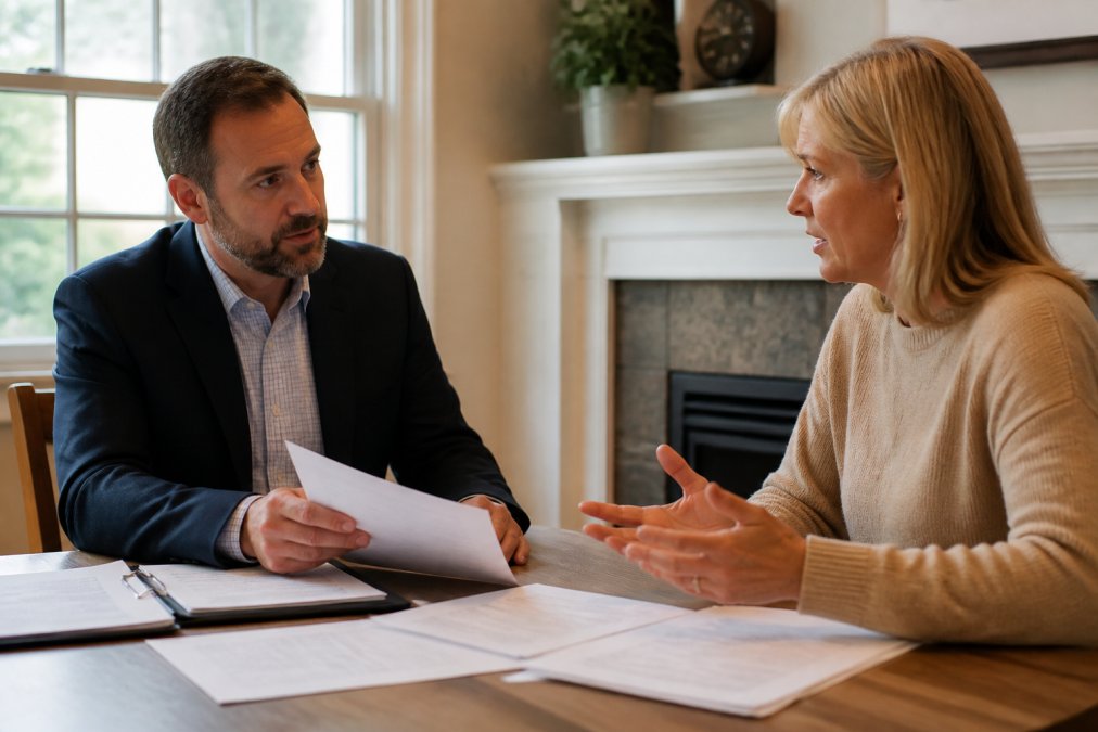 Two professionals reviewing insurance documents to discuss a public adjuster fee structure at a desk.