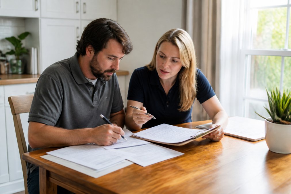 A homeowner and a licensed public adjuster reviewing insurance claim documents at a kitchen table, clipboard and pen in hand, laptop open to a property damage report, warm afternoon light through the window