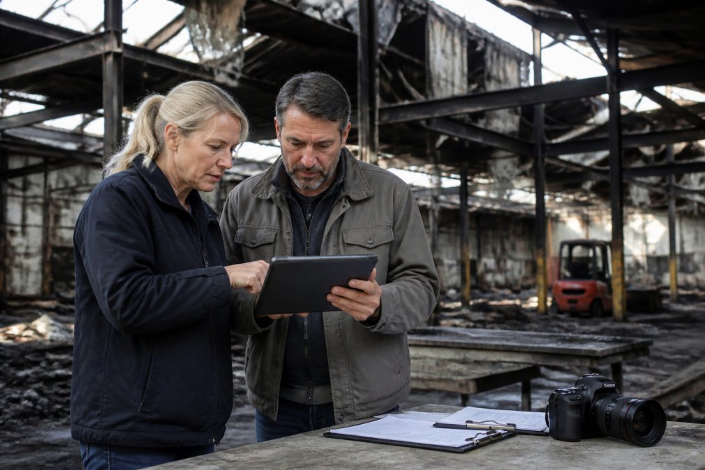 A commercial property owner and a public adjuster reviewing damage documentation and photographs on a tablet inside a damaged warehouse, with clipboards and a camera on a table nearby