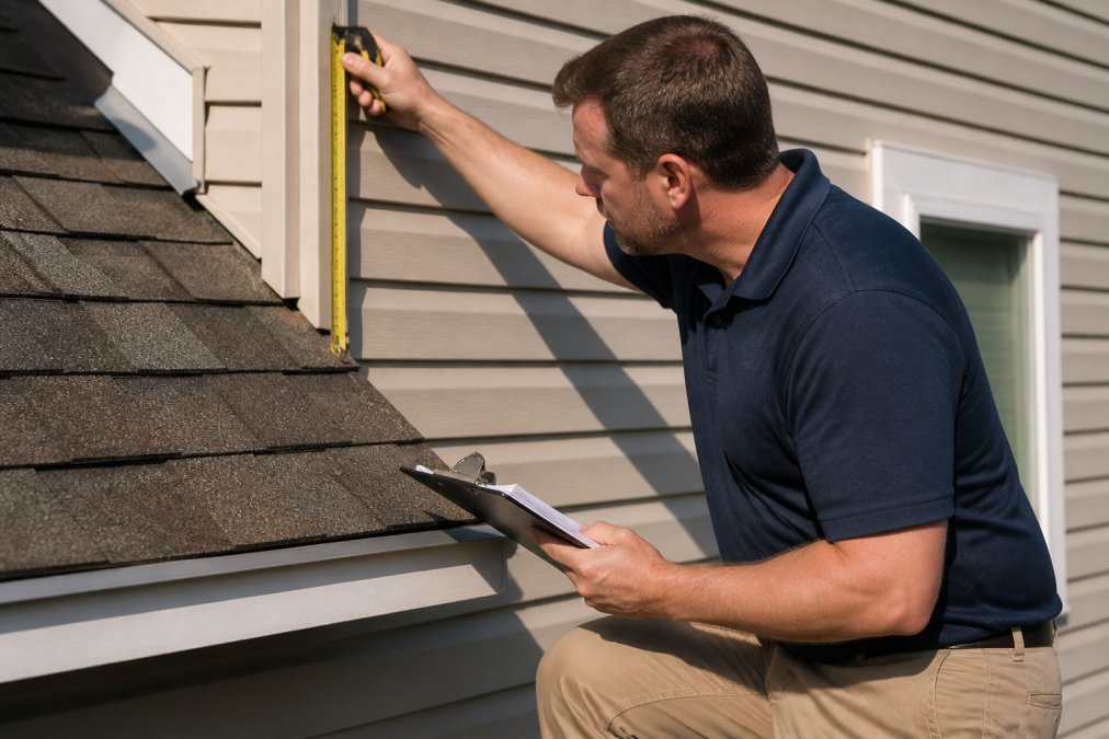Professional adjuster conducting a property inspection, measuring and documenting damage to roof shingles and exterior siding with a measuring tape and clipboard in bright daylight