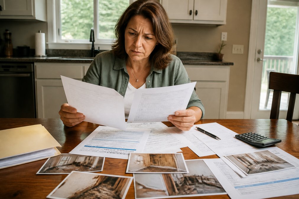 Homeowner sitting at kitchen table reviewing insurance documents and damage estimates with concerned expression, papers and photographs spread across table, natural afternoon light from window