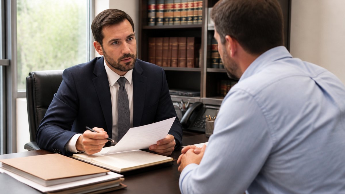 Criminal defense attorney reviewing case documents with a client in an office to compare public defender vs private attorney.