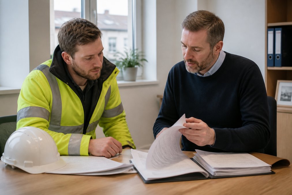 A construction worker in high-visibility clothing speaking with a site manager in an office, reviewing paperwork and safety documents on a desk