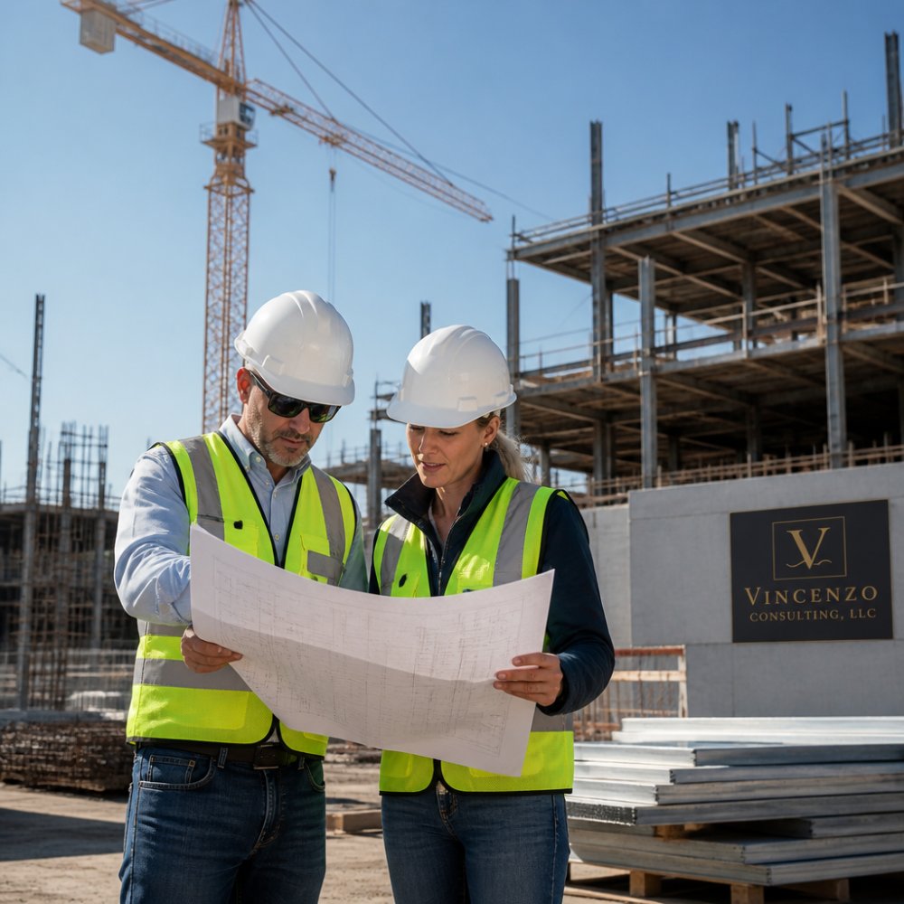 Two professionals in hard hats and safety vests reviewing engineering plans on a construction site with a crane and steel framework behind them, morning light