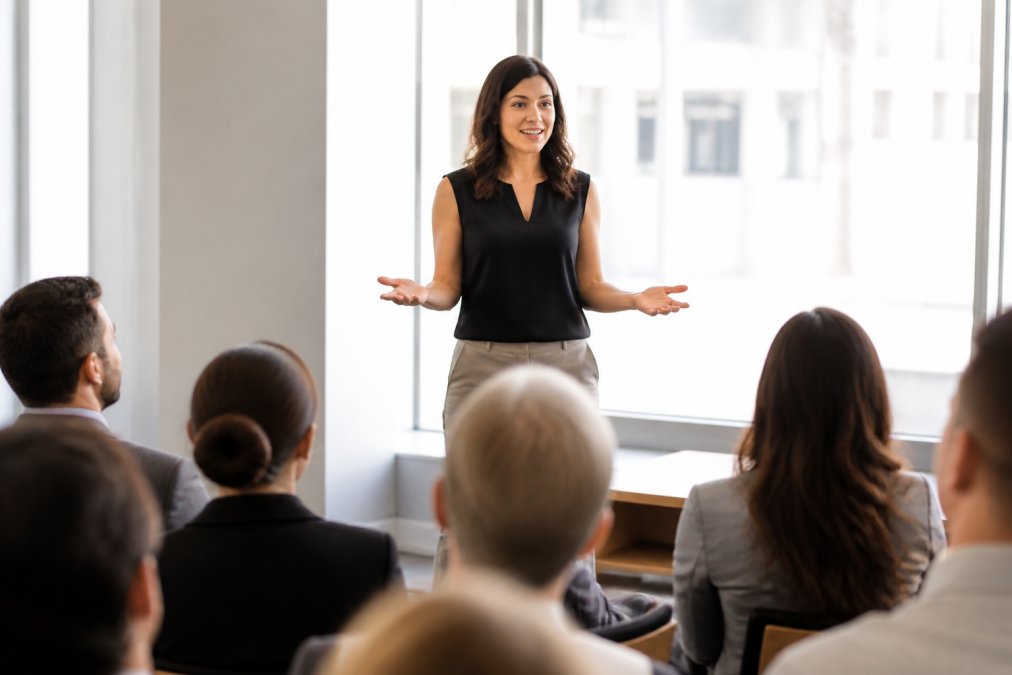Professional presenter demonstrating open body language and natural eye contact while speaking to engaged audience in modern conference room with soft natural lighting