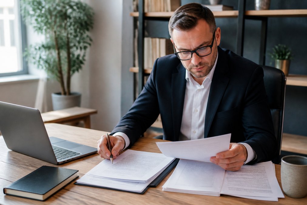 Professional entrepreneur sitting at desk reviewing publishing contracts and ghostwriting agency proposals with laptop and documents, natural office lighting