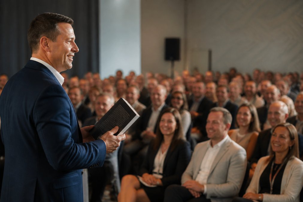 Author presenting published business book at speaking engagement to engaged audience in professional conference setting, natural stage lighting